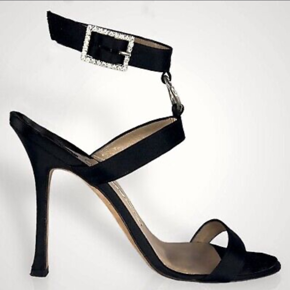 Manolo Blahnik Crystal Buckle & Ring Black Suede Open Toe Sandal Heel - Size 38